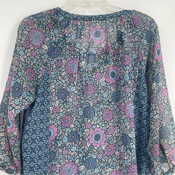 J. Jill Blue Floral Print Tassel Tie Peasant Top Size Small Petite button front - Picture 10 of 11